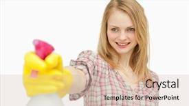  Presentation with spray - PPT layouts enhanced with woman holding a spray bottle while smiling against white background background and a soft green colored foreground
