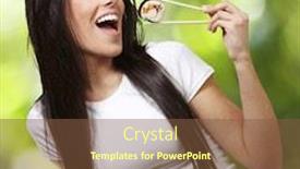  Presentation with chopsticks - Colorful PPT theme enhanced with woman holding a sushi piece with chopsticks against a nature background backdrop and a tawny brown colored foreground