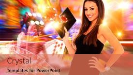  Presentation with advertising - Colorful presentation theme enhanced with woman-holding-a-tablet-computer backdrop and a coral colored foreground