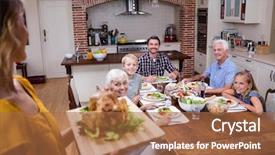  Presentation with dining - Presentation featuring woman holding a tray of roasted turkey and family dining in background background and a coral colored foreground