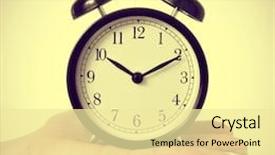  Presentation with mechanical - Presentation featuring woman holding a typical mechanical alarm clock on a beige background with a retro effect background and a blonde colored foreground