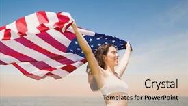  Presentation with usa flag - Presentation design featuring woman holding a usa flag background and a  colored foreground