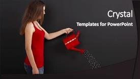  Presentation with water droplet drops on plant - Amazing PPT theme having woman holding a watering can backdrop and a dark gray colored foreground