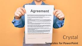  Presentation with yellow paper - Slide deck enhanced with woman-holding-agreement-document-paper background and a yellow colored foreground