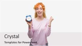  Presentation with alarm - Colorful presentation design enhanced with woman holding alarm clock screaming backdrop and a soft green colored foreground