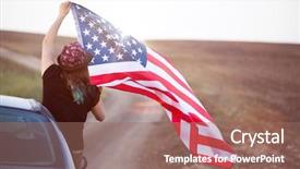  Presentation with america flag - Slide set featuring woman holding american usa flag background and a coral colored foreground
