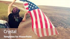  Presentation with america flag - PPT theme enhanced with woman holding american usa flag background and a coral colored foreground