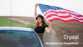  Presentation with america flag - Amazing slide deck having woman holding american usa flag backdrop and a gray colored foreground