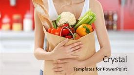  Presentation with food mask kitchen - PPT theme having woman holding bag of food background and a coral colored foreground