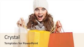  Presentation with paper bag vs plastic bags - PPT theme with woman holding bags winter sale background and a yellow colored foreground