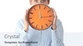  Presentation with alarm - Presentation theme having work happy hour - woman holding big alarm clock background and a light blue colored foreground