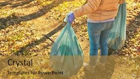  Presentation with plastic bags - PPT theme with woman holding big plastic bags background and a gold colored foreground