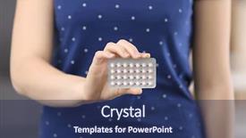  Presentation with control - Beautiful presentation theme featuring woman holding birth control pills backdrop and a navy blue colored foreground