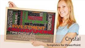  Presentation with crowdfunding - Slides featuring woman holding blackboard with crowdfunding background and a coral colored foreground