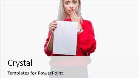  Presentation with blank - Presentation theme enhanced with woman holding blank paper sheet background and a  colored foreground