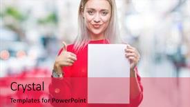  Presentation with blonde holding magnifying glass - Colorful PPT layouts enhanced with woman holding blank paper sheet backdrop and a  colored foreground