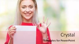  Presentation with blonde holding magnifying glass - Presentation consisting of woman holding blank paper sheet background and a  colored foreground