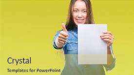  Presentation with blank - Amazing PPT theme having woman holding blank paper sheet backdrop and a  colored foreground