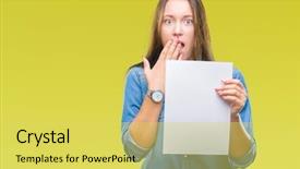  Presentation with blank - Theme having woman holding blank paper sheet background and a  colored foreground