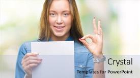  Presentation with blank - Theme enhanced with woman holding blank paper sheet background and a  colored foreground