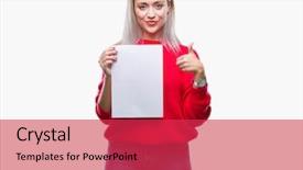  Presentation with blank - Beautiful PPT layouts featuring woman holding blank paper sheet backdrop and a  colored foreground