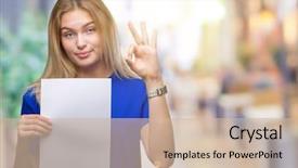  Presentation with blank backgroud - Audience pleasing theme consisting of woman holding blank paper sheet backdrop and a  colored foreground