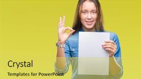  Presentation with blank - Cool new presentation with woman holding blank paper sheet backdrop and a  colored foreground