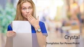  Presentation with blank - PPT theme enhanced with woman holding blank paper sheet background and a  colored foreground