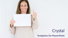  Presentation with blank backgroud - Cool new slides with woman holding blank paper sheet backdrop and a sky blue colored foreground