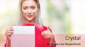  Presentation with blonde holding magnifying glass - Cool new PPT layouts with woman holding blank paper sheet backdrop and a  colored foreground