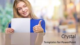  Presentation with blank - Colorful presentation theme enhanced with woman holding blank paper sheet backdrop and a  colored foreground
