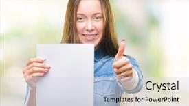  Presentation with blank - Colorful slides enhanced with woman holding blank paper sheet backdrop and a  colored foreground