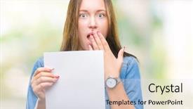  Presentation with woman covering man mouth hand - Slide deck enhanced with woman holding blank paper sheet background and a white colored foreground