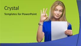  Presentation with blank - Theme with woman holding blank paper sheet background and a  colored foreground