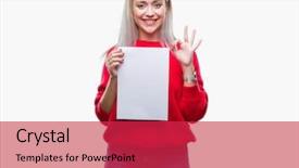  Presentation with blank - PPT theme featuring woman holding blank paper sheet background and a  colored foreground