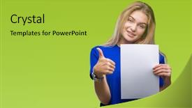  Presentation with blank backgroud - PPT theme with woman holding blank paper sheet background and a yellow colored foreground