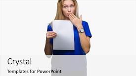  Presentation with woman covering man mouth hand - Presentation design with woman holding blank paper sheet background and a white colored foreground