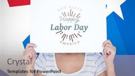  Presentation with blank - Amazing PPT theme having woman holding blank sign in front of face against digital composite of american flag backdrop and a soft green colored foreground