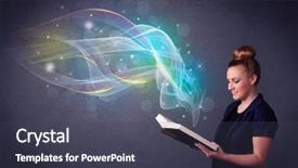  Presentation with book - Cool new presentation design with woman holding book with rainbow backdrop and a  colored foreground