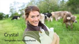  Presentation with two plastic bottles milk - Audience pleasing presentation design consisting of woman holding bottles of milk backdrop and a mint green colored foreground