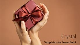  Presentation with gift ribbon - Audience pleasing slide deck consisting of woman-holding-brown-gift-box backdrop and a coral colored foreground