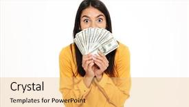  Presentation with portrait of excited overjoyed female - Theme enhanced with woman holding bunch of money background and a  colored foreground