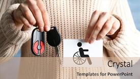  Presentation with handicap - Amazing PPT theme having woman holding car key backdrop and a coral colored foreground