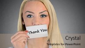  Presentation with thank - Colorful presentation theme enhanced with woman holding card with thank backdrop and a coral colored foreground