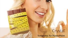  Presentation with tape measure - PPT theme consisting of woman holding chocolate bar wrapped in measure tape and gesticulating ok background and a yellow colored foreground