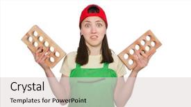  Presentation with white brick - Amazing slide set having woman holding clay brick isolated on white backdrop and a light gray colored foreground