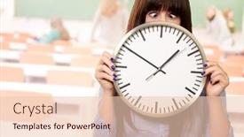  Presentation with eyes - Beautiful slide deck featuring woman-holding-clock-with-squinted backdrop and a lemonade colored foreground