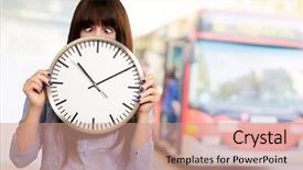  Presentation with eyes - Cool new presentation design with woman-holding-clock-with-squinted backdrop and a coral colored foreground