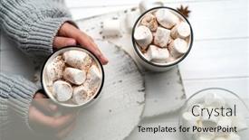  Presentation with cocoa - Presentation design featuring woman-holding-cocoa-mug background and a light gray colored foreground