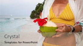  Presentation with coconut - Slide set with woman-holding-coconut-on-tropical background and a coral colored foreground